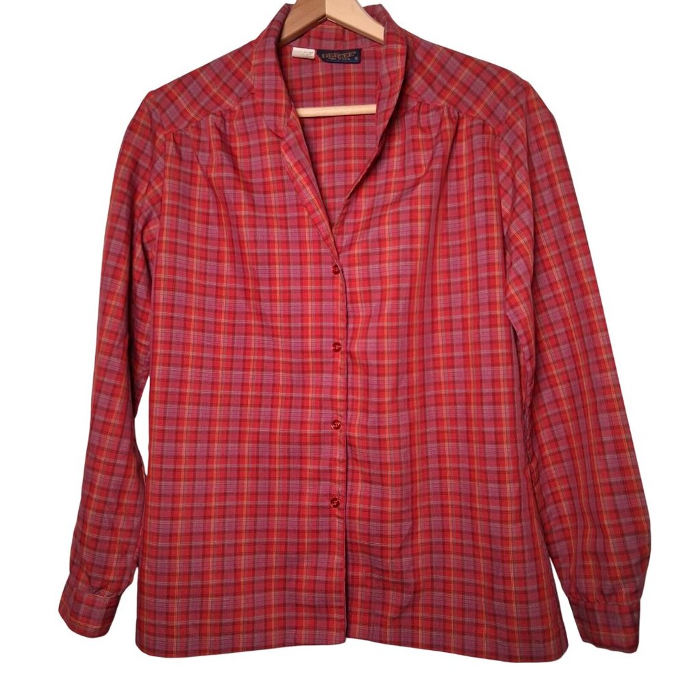 Vintage Dee Cee Blouse Women 10 Rust Blue Plaud Button Collared Modest Retro